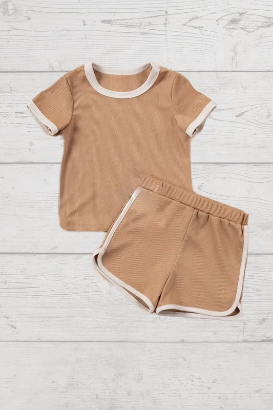 Tan Ribbed 2pc Shorts Set