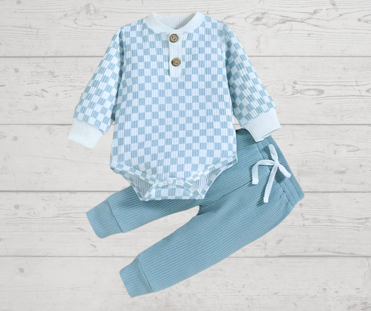 Blue Checkered Romper & Pants Set